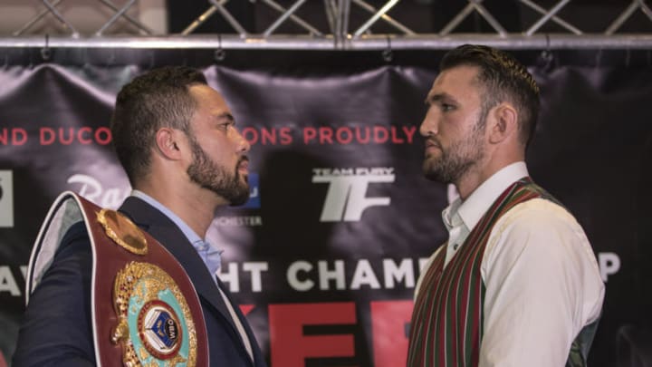 11th July 2017, Free Trade Hall, Manchester, England; WBO World Heavyweight Title Fight Press Conference; Joseph Parker versus Hughie Fury; Joseph Parker and Hughie Fury meet face to face at the press conference (Photo by Conor Molloy/Action Plus via Getty Images)