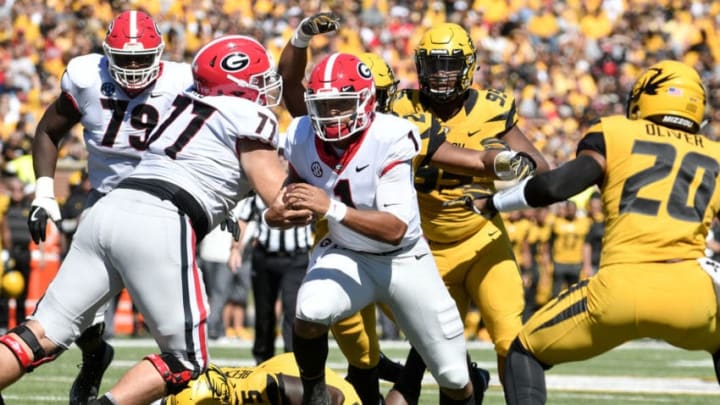 COLUMBIA, MO - SEPTEMBER 22: Quarterback Justin Fields #1 of the Georgia Bulldogs rushes against the Missouri Tigers in the second quarter at Memorial Stadium on September 22, 2018 in Columbia, Missouri. (Photo by Ed Zurga/Getty Images)