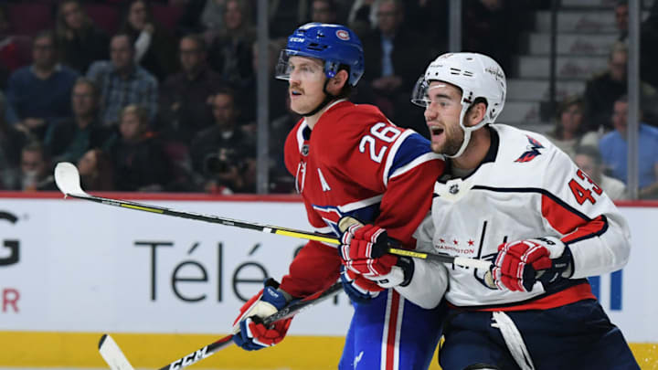 MONTREAL, QC - NOVEMBER 19: Jeff Petry #26 of the Montreal Canadiens skates against Tom Wilson #43 of the Washington Capitals in the NHL game at the Bell Centre on November 19, 2018 in Montreal, Quebec, Canada. (Photo by Francois Lacasse/NHLI via Getty Images)