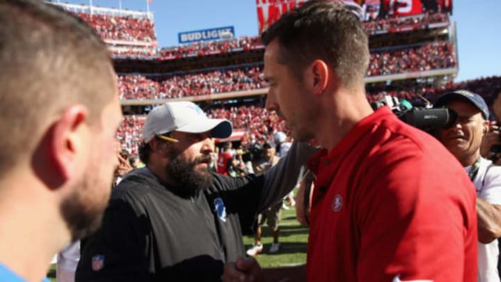 SANTA CLARA, CA – SEPTEMBER 16: Head coach Kyle Shanahan of the San Francisco 49ers shakes hands with head coach Matt Patricia of the Detroit Lions after their game at Levi’s Stadium on September 16, 2018 in Santa Clara, California. (Photo by Ezra Shaw/Getty Images)