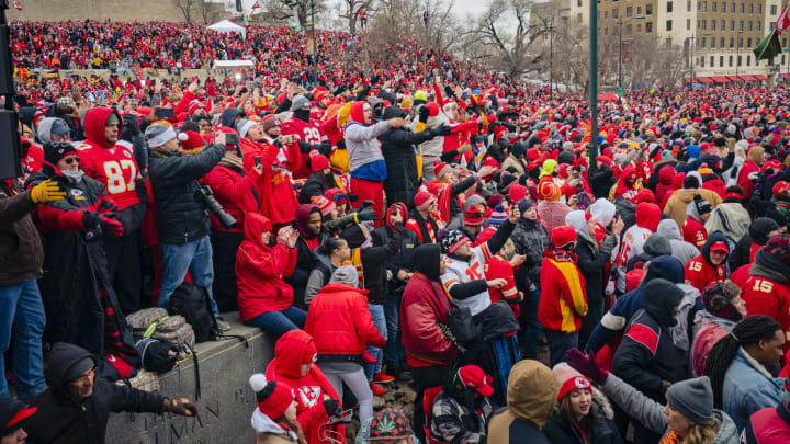 KANSAS CITY, MO – FEBRUARY 05: Fans do the tomahawk chop during the Kansas City Chiefs Victory Parade on February 5, 2020 in Kansas City, Missouri. (Photo by Kyle Rivas/Getty Images)