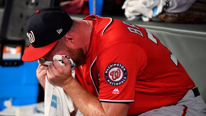 ATLANTA, GEORGIA - SEPTEMBER 07: Aaron Barrett #32 of the Washington Nationals is emotional in the dugout after pitching in the fifth inning against the Atlanta Braves at SunTrust Park on September 07, 2019 in Atlanta, Georgia. (Photo by Logan Riely/Getty Images)