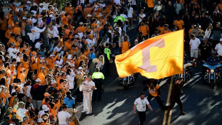 The Volunteer waves a Tennessee flag during the Vol Walk before an SEC football game between Tennessee and Ole Miss at Neyland Stadium in Knoxville, Tenn. on Saturday, Oct. 16, 2021.Kns Tennessee Ole Miss Football