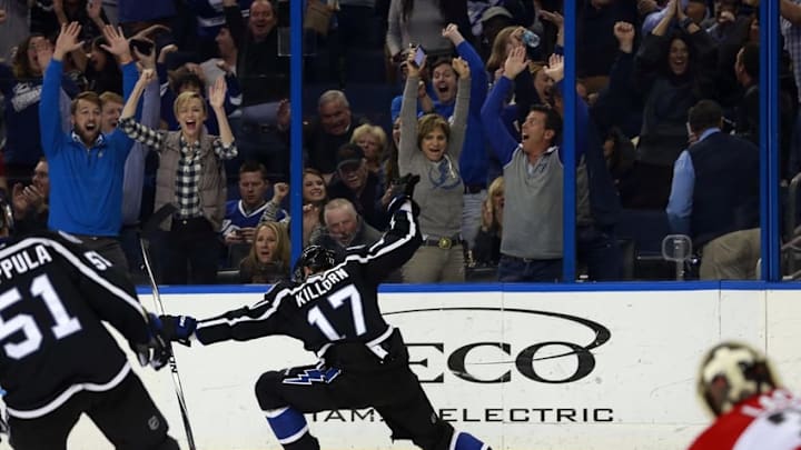 Mar 5, 2016; Tampa, FL, USA; Tampa Bay Lightning center Alex Killorn (17) celebrates after he scored the game winning goal against the Carolina Hurricanes during overtime at Amalie Arena. Tampa Bay Lightning defeated the Carolina Hurricanes 4-3. Mandatory Credit: Kim Klement-USA TODAY Sports