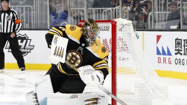 BOSTON, MA - NOVEMBER 04: Boston Bruins goalie Jaroslav Halak (41) plays the puck during a game between the Boston Bruins and the Pittsburgh Penguins on November 4, 2019, at TD Garden in Boston, Massachusetts. (Photo by Fred Kfoury III/Icon Sportswire via Getty Images)