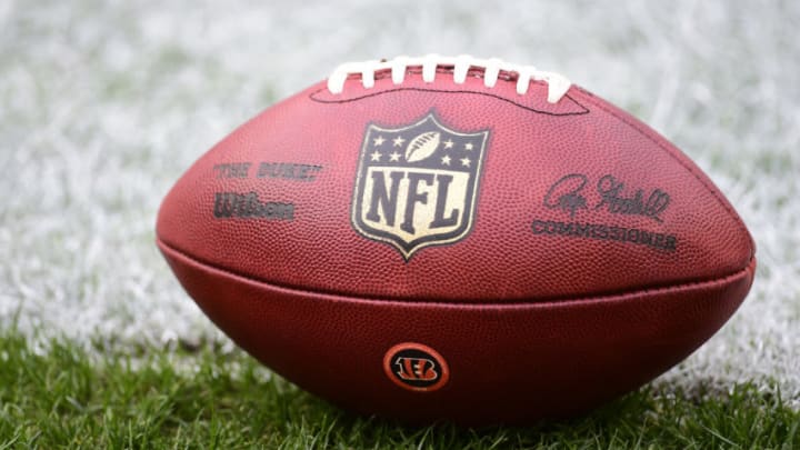 LANDOVER, MARYLAND - NOVEMBER 22: A detailed view of an official Wilson NFL football with the Cincinnati Bengals logo before a game between the Bengals and Washington Football Team at FedExField on November 22, 2020 in Landover, Maryland. (Photo by Patrick McDermott/Getty Images)