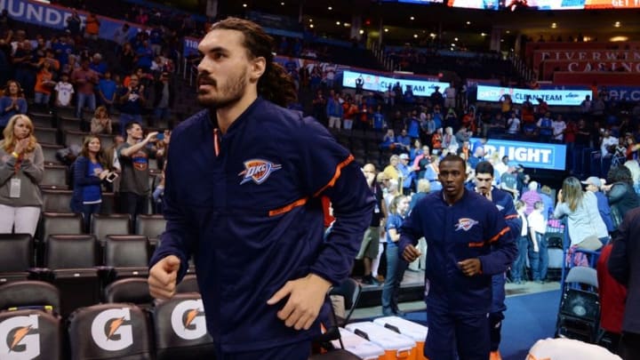 Oct 30, 2016; Oklahoma City, OK, USA; Oklahoma City Thunder center Steven Adams (12) takes the floor prior to game against the Los Angeles Lakers at Chesapeake Energy Arena. Mandatory Credit: Mark D. Smith-USA TODAY Sports