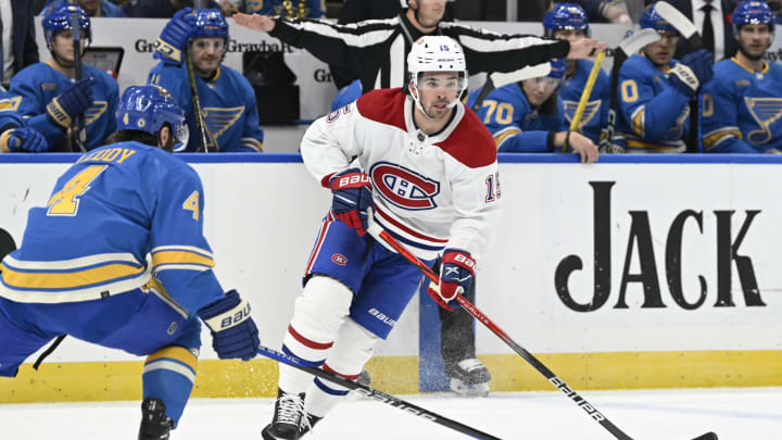 Nov 4, 2023; St. Louis, Missouri, USA; Montreal Canadiens Alex Newhook. Mandatory Credit: Jeff Le-USA TODAY Sports