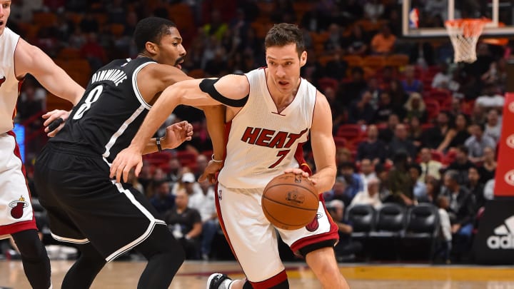 Jan 30, 2017; Miami, FL, USA; Miami Heat guard Goran Dragic (7) controls the ball around Brooklyn Nets guard Spencer Dinwiddie (8) during the first half at American Airlines Arena. Mandatory Credit: Jasen Vinlove-USA TODAY Sports