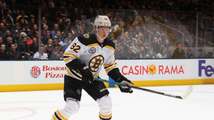 TORONTO, ONTARIO – NOVEMBER 15: Trent Frederic #82 of the Boston Bruins skates against the Toronto Maple Leafs at the Scotiabank Arena on November 15, 2019 in Toronto, Ontario, Canada. (Photo by Bruce Bennett/Getty Images)