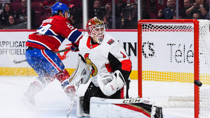 MONTREAL, QC - SEPTEMBER 30: Montreal Canadiens left wing Charles Hudon (54) shot hits the goal post of Ottawa Senators goalie Mike Condon (1) during the Ottawa Senators versus the Montreal Canadiens preseason game on September 30, 2017, at Bell Centre in Montreal, QC (Photo by David Kirouac/Icon Sportswire via Getty Images)