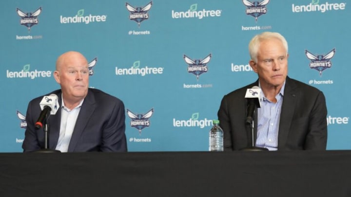 Jun 28, 2022; Charlotte, NC, USA; Charlotte Hornets general manager Mitch Kupchak announces Steve Clifford to return to coach the team at the Spectrum Center in Charlotte, NC. Mandatory Credit: Jim Dedmon-USA TODAY Sports