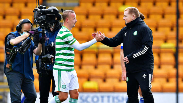 PERTH, SCOTLAND - OCTOBER 04: Leigh Griffiths of Celtic celebrates with Neil Lennon, Manager of Celtic following the Ladbrokes Scottish Premiership match between St. Johnstone and Celtic at McDiarmid Park on October 04, 2020 in Perth, Scotland. Football Stadiums around Europe remain empty due to the Coronavirus Pandemic as Government social distancing laws prohibit fans inside venues resulting in fixtures being played behind closed doors. (Photo by Mark Runnacles/Getty Images)