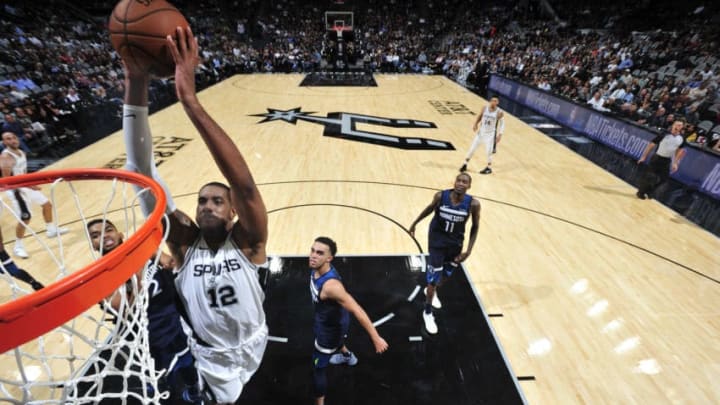 SAN ANTONIO, TX - OCTOBER 18: LaMarcus Aldridge #12 of the San Antonio Spurs goes to the basket against the Minnesota Timberwolves on October 18, 2017 at the AT&T Center in San Antonio, Texas. NOTE TO USER: User expressly acknowledges and agrees that, by downloading and or using this photograph, user is consenting to the terms and conditions of the Getty Images License Agreement. Mandatory Copyright Notice: Copyright 2017 NBAE (Photos by Mark Sobhani/NBAE via Getty Images)