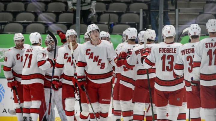Feb 11, 2021; Dallas, Texas, USA; The Carolina Hurricanes celebrate the win over the Dallas Stars at the American Airlines Center. Mandatory Credit: Jerome Miron-USA TODAY Sports