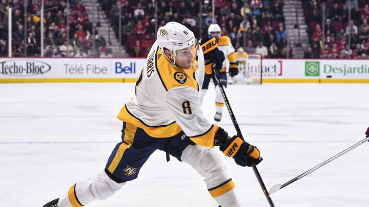 MONTREAL, QC – FEBRUARY 10: Kyle Turris #8 of the Nashville Predators takes a shot against the Montreal Canadiens during the NHL game at the Bell Centre on February 10, 2018 in Montreal, Quebec, Canada. The Nashville Predators defeated the Montreal Canadiens 3-2 in a shootout. (Photo by Minas Panagiotakis/Getty Images)