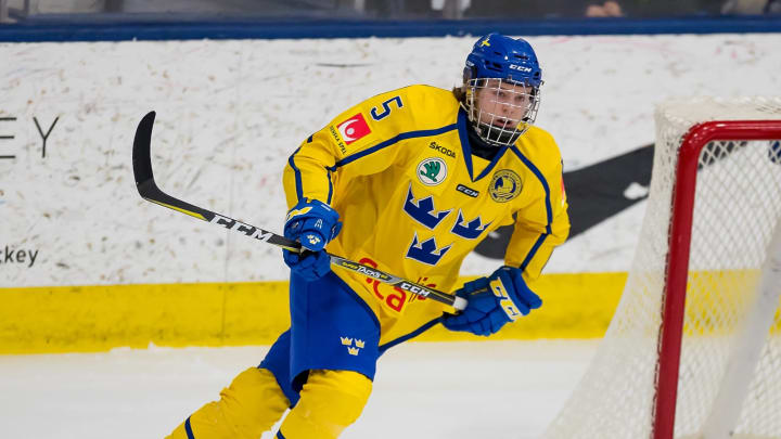 PLYMOUTH, MI – FEBRUARY 15: Adam Boqvist #3 of the Sweden Nationals turns up ice against the Finland Nationals during the 2018 Under-18 Five Nations Tournament game at USA Hockey Arena on February 15, 2018 in Plymouth, Michigan. Finland defeated Sweden 5-3. (Photo by Dave Reginek/Getty Images)*** Local Caption *** Adam Boqvist