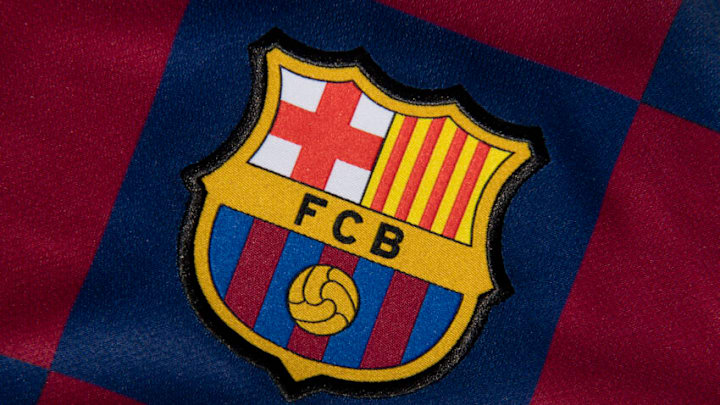 MANCHESTER, ENGLAND - JULY 19: The FC Barcelona club crest on the first team home shirt on July 19, 2020 in Manchester, United Kingdom. (Photo by Visionhaus)