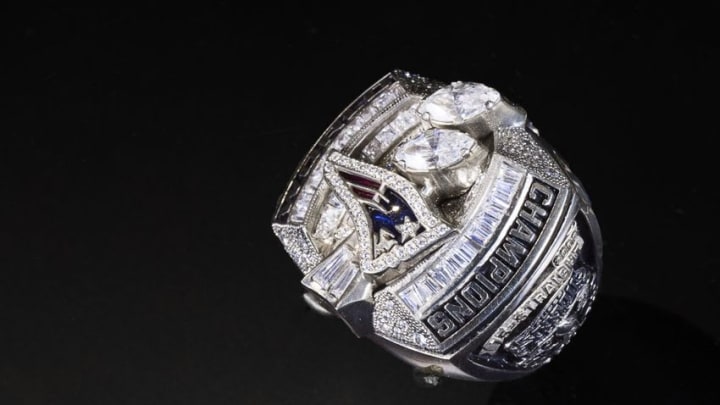 Jan 27, 2016; Canton, OH, USA; General view of Super Bowl XXXVIII championship ring to commemorate the New England Patriots victory over the Carolina Panthers on February 1, 2004 on display at the at the Pro Football Hall of Fame. Mandatory Credit: Scott R. Galvin-USA TODAY NETWORK