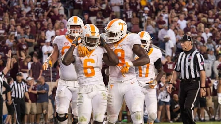 Oct 8, 2016; College Station, TX, USA; Tennessee Volunteers running back Alvin Kamara (6) scores a touchdown against the Texas A&M Aggies at Kyle Field. The Aggies defeat the Volunteers 45-38 in overtime. Mandatory Credit: Jerome Miron-USA TODAY Sports Oct 8, 2016; College Station, TX, USA; Tennessee Volunteers running back Alvin Kamara (6) scores a touchdown against the Texas A&M Aggies at Kyle Field. The Aggies defeat the Volunteers 45-38 in overtime. Mandatory Credit: Jerome Miron-USA TODAY Sports