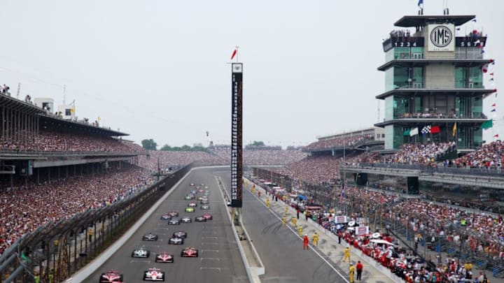 INDIANAPOLIS - MAY 24: Helio Castroneves, driver of the #3 Team Penske Dallara Honda, leads the field at the start of the IRL IndyCar Series 93rd running of the Indianapolis 500 on May 24, 2009 at the Indianapolis Motor Speedway in Indianapolis, Indiana. (Photo by Donald Miralle/Getty Images)
