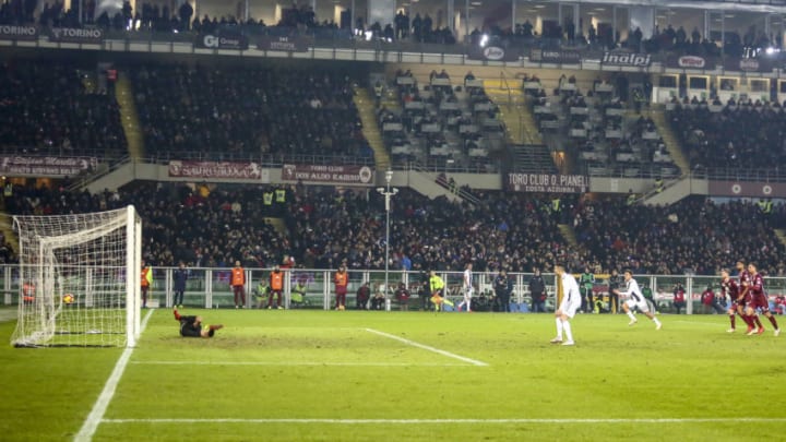 Cristiano Ronaldo (Juventus FC) scores the penalty of the victory during the Serie A football match between Torino FC and Juventus FC at Olympic Grande Torino Stadium on December 15, 2018 in Turin, Italy. Torino lost 0-1 against Juventus. (Photo by Massimiliano Ferraro/NurPhoto via Getty Images)