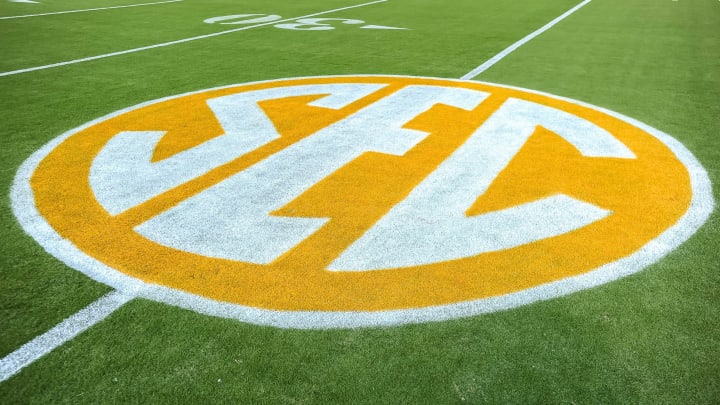 Oct 16, 2021; Knoxville, Tennessee, USA; SEC symbol painted on the field before a game between the Tennessee Volunteers and Mississippi Rebels at Neyland Stadium. Mandatory Credit: Bryan Lynn-USA TODAY Sports