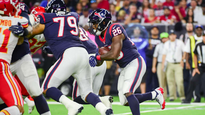 HOUSTON, TX - OCTOBER 08: Houston Texans running back Lamar Miller (26) looks for running room during the football game between the Kansas City Chiefs and Houston Texans on October 8, 2017 at NRG Stadium in Houston, Texas. (Photo by Ken Murray/Icon Sportswire via Getty Images)