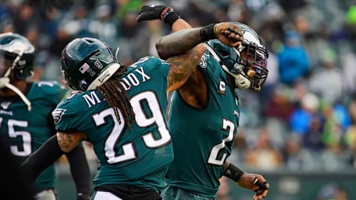 PHILADELPHIA, PA - NOVEMBER 24: Malcolm Jenkins #27 of the Philadelphia Eagles celebrates his sack with teammate Avonte Maddox #29 during the fourth quarter at Lincoln Financial Field on November 24, 2019 in Philadelphia, Pennsylvania. The Seahawks defeated the Eagles 17-9. (Photo by Corey Perrine/Getty Images)