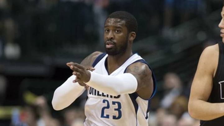 Dec 14, 2015; Dallas, TX, USA; Dallas Mavericks guard Wesley Matthews (23) celebrates making a three point shot against the Phoenix Suns during the first half at the American Airlines Center. Mandatory Credit: Jerome Miron-USA TODAY Sports