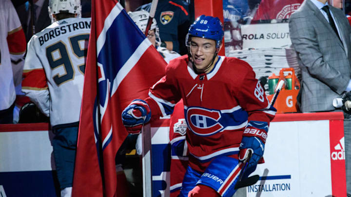 MONTREAL, QC - SEPTEMBER 19: Montreal Canadiens center Nick Suzuki (88) enters the ice before the first period of the NHL preseason game between the New Florida Panthers and the Montreal Canadiens on September 19, 2018, at the Bell Centre in Montreal, QC (Photo by Vincent Ethier/Icon Sportswire via Getty Images)