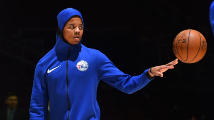 PHILADELPHIA,PA - MARCH 28 : Markelle Fultz #20 of the Philadelphia 76ers looks on prior to the game against the New York Knicks at Wells Fargo Center on March 28, 2018 in Philadelphia, Pennsylvania NOTE TO USER: User expressly acknowledges and agrees that, by downloading and/or using this Photograph, user is consenting to the terms and conditions of the Getty Images License Agreement. Mandatory Copyright Notice: Copyright 2018 NBAE (Photo by Jesse D. Garrabrant/NBAE via Getty Images)