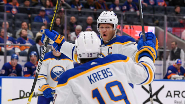 Mar 7, 2023; Elmont, New York, USA; Buffalo Sabres right wing Kyle Okposo (21) celebrates his goal against the New York Islanders during the third period at UBS Arena. Mandatory Credit: Dennis Schneidler-USA TODAY Sports