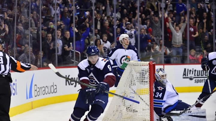 Feb 6, 2016; Denver, CO, USA; Colorado Avalanche center Matt Duchene (9) celebrates his goal past Winnipeg Jets goalie Michael Hutchinson (34) in the second period at the Pepsi Center. Mandatory Credit: Ron Chenoy-USA TODAY Sports