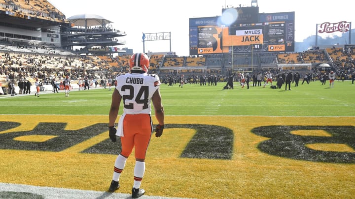 Jan 8, 2023; Pittsburgh, Pennsylvania, USA; Cleveland Browns running back Nick Chubb (24) before playing the Pittsburgh Steelers at Acrisure Stadium. Mandatory Credit: Philip G. Pavely-USA TODAY Sports