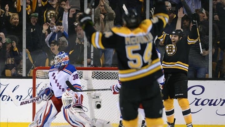 May 19, 2013; Boston, MA, USA; Boston Bruins forward Milan Lucic (17) and defenseman Adam McQuaid (54) celebrate a goal against New York Rangers goalkeeper Henrik Lundqvist (30) in game two of the second round of the 2013 Stanley Cup Playoffs at TD Garden. Mandatory Credit: Michael Ivins-USA TODAY Sports