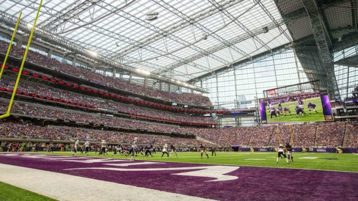 Aug 28, 2016; Minneapolis, MN, USA; A general view of U.S. Bank Stadium during the first quarter in a preseason game between the Minnesota Vikings and the San Diego Chargers at U.S. Bank Stadium. The Vikings won 23-10. Mandatory Credit: Brace Hemmelgarn-USA TODAY Sports
