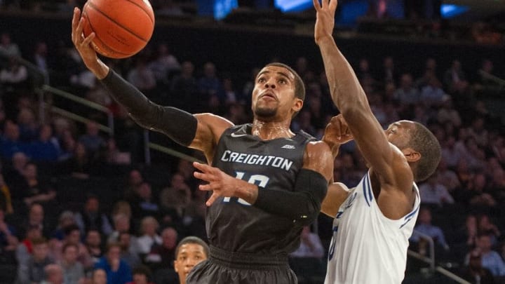 Mar 10, 2016; New York, NY, USA;Creighton Bluejays guard Maurice Watson Jr. (10) shoots the ball defended by Seton Hall Pirates guard Khadeen Carrington (0) in the first half during the Big East conference tournament at Madison Square Garden. Mandatory Credit: William Hauser-USA TODAY Sports