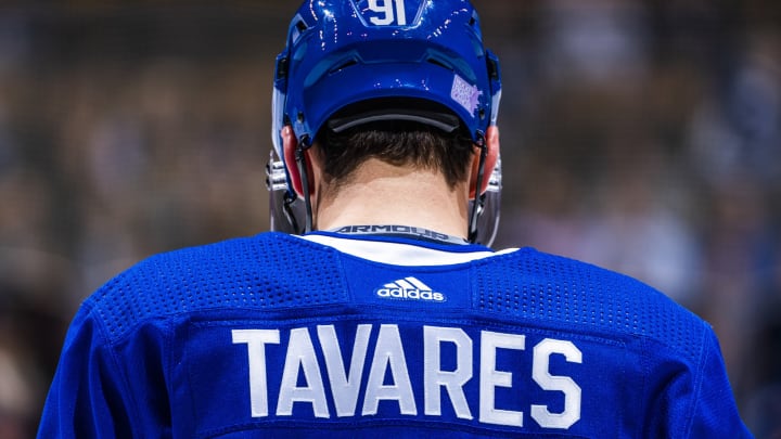 TORONTO, ON - NOVEMBER 07: John Tavares #91 of the Toronto Maple Leafs looks on against the Vegas Golden Knights during the third period at the Scotiabank Arena on November 7, 2019 in Toronto, Ontario, Canada. (Photo by Mark Blinch/NHLI via Getty Images)