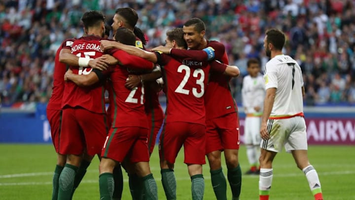 KAZAN, RUSSIA - JUNE 18: Cedric of Portugal celebrates scoring his sides second goal with his Portugal team mates during the FIFA Confederations Cup Russia 2017 Group A match between Portugal and Mexico at Kazan Arena on June 18, 2017 in Kazan, Russia. (Photo by Francois Nel/Getty Images)
