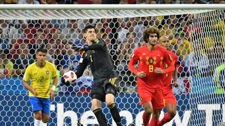 Belgium’s goalkeeper Thibaut Courtois (C) throws the ball during the Russia 2018 World Cup quarter-final football match between Brazil and Belgium at the Kazan Arena in Kazan on July 6, 2018. (Photo by EMMANUEL DUNAND / AFP) / RESTRICTED TO EDITORIAL USE – NO MOBILE PUSH ALERTS/DOWNLOADS (Photo credit should read EMMANUEL DUNAND/AFP/Getty Images)