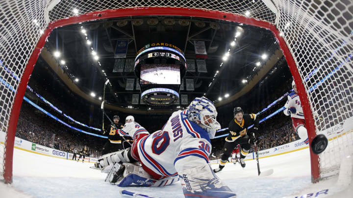 , New York Rangers goaltender Henrik Lundqvist (30) knocks the puck into his own goal Mandatory Credit: Winslow Townson-USA TODAY Sports