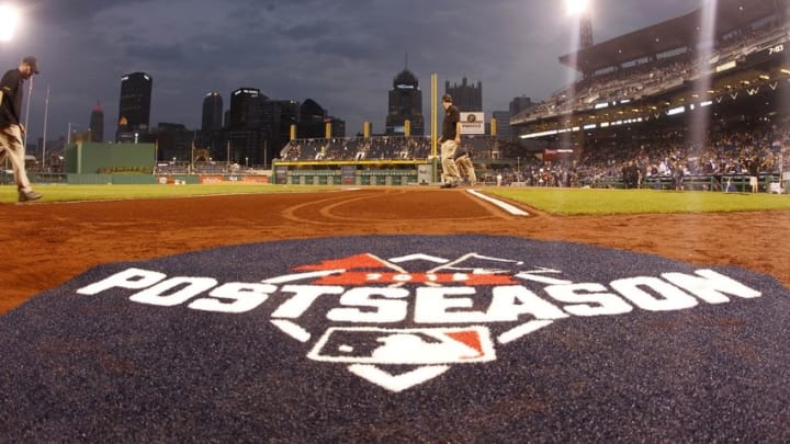 Oct 7, 2015; Pittsburgh, PA, USA; General view as the grounds crew prepares the field for the National League Wild Card playoff baseball game between the New York Yankees and the Houston Astros at PNC Park. Mandatory Credit: Charles LeClaire-USA TODAY Sports