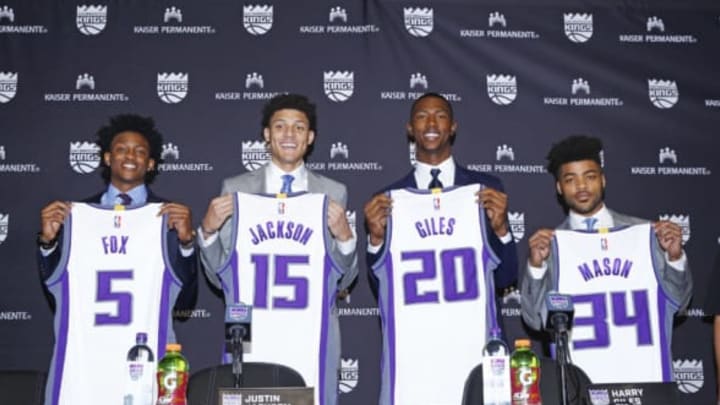 SACRAMENTO, CA – JUNE 24: The Sacramento Kings 2017 Draft Picks De’Aaron Fox, Justin Jackson, Harry Giles, and Frank Mason III are introduced to the media on June 24, 2017 at the Golden 1 Center in Sacramento, California. NOTE TO USER: User expressly acknowledges and agrees that, by downloading and/or using this Photograph, user is consenting to the terms and conditions of the Getty Images License Agreement. Mandatory Copyright Notice: Copyright 2017 NBAE (Photo by Rocky Widner/NBAE via Getty Images)
