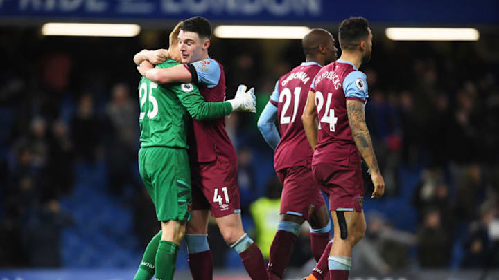 LONDON, ENGLAND - NOVEMBER 30: David Martin of West Ham United celebrates with Declan Rice following the Premier League match between Chelsea FC and West Ham United at Stamford Bridge on November 30, 2019 in London, United Kingdom. (Photo by Mike Hewitt/Getty Images)