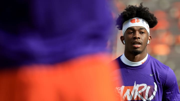 CLEMSON, SOUTH CAROLINA – NOVEMBER 16: Justyn Ross #8 of the Clemson Tigers warms up before their game against the Wake Forest Demon Deacons at Memorial Stadium on November 16, 2019 in Clemson, South Carolina. (Photo by Streeter Lecka/Getty Images)