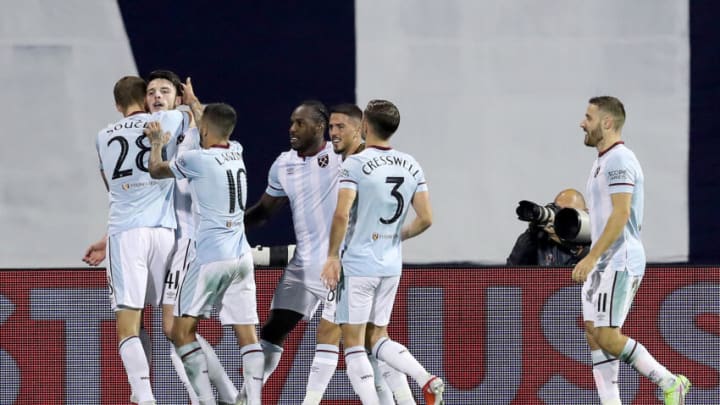 ZAGREB, CROATIA - SEPTEMBER 16: Declan Rice of West Ham United with teammates celebrating a goal during the UEFA Europa League group H match between Dinamo Zagreb and West Ham United at Maksimir Stadium on September 16, 2021 in Zagreb, Croatia. (Photo by Goran Stanzl/Pixsell/MB Media/Getty Images)