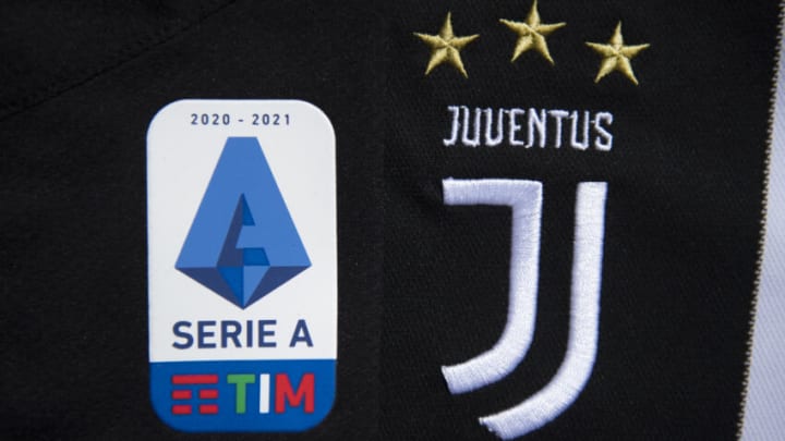 MANCHESTER, ENGLAND - MAY 10: The Serie A logo and Juventus club badge on their first team home shirt amid talk of Serie A expelling Juventus if they enter the European Super League on May 10, 2021 in Manchester, United Kingdom. (Photo by Visionhaus/Getty Images)