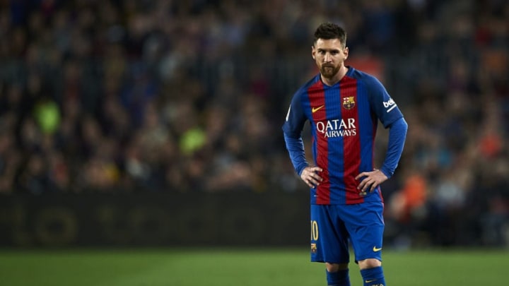 BARCELONA, SPAIN - MARCH 19: Lionel Messi of Barcelona looks on during the La Liga match between FC Barcelona and Valencia CF at Camp Nou Stadium on March 19, 2017 in Barcelona, Spain. (Photo by fotopress/Getty Images)