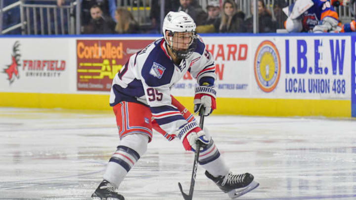 BRIDGEPORT, CT - JANUARY 12: Vinni Lettieri #95 of the Hartford Wolf Pack brings brings the puck up ice during a game against the Bridgeport Sound Tigers at the Webster Bank Arena on January 12, 2019 in Bridgeport, Connecticut. (Photo by Gregory Vasil/Getty Images)